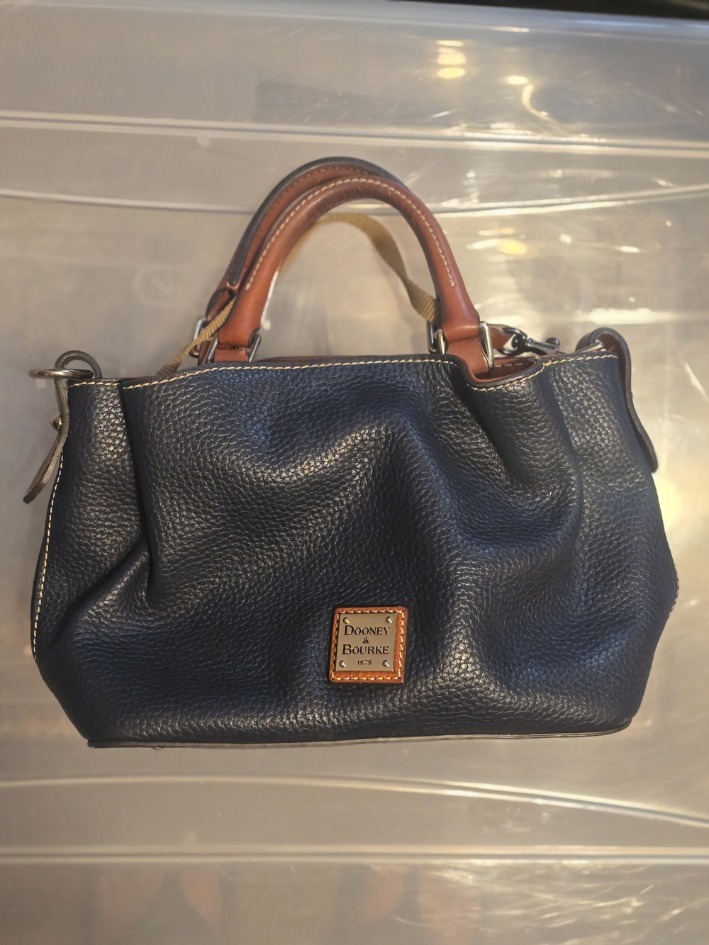 Dooney & Bourke Navy Pebbled Leather Satchel Barlow, mini. with Tan Handles